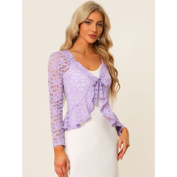 Floral Lace Shrug Tie Front Ruffled Hem Sheer Crop Bolero Cardigan Light Purple - Picture 4 of 6